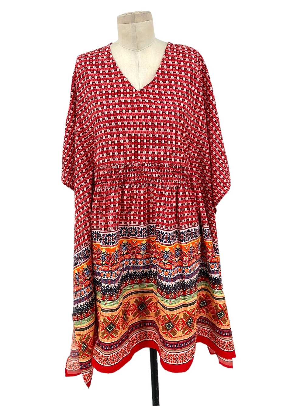 Tolani Collection Meghan Kaftan Dress Tunic Batwing Red Floral Geometric Size L